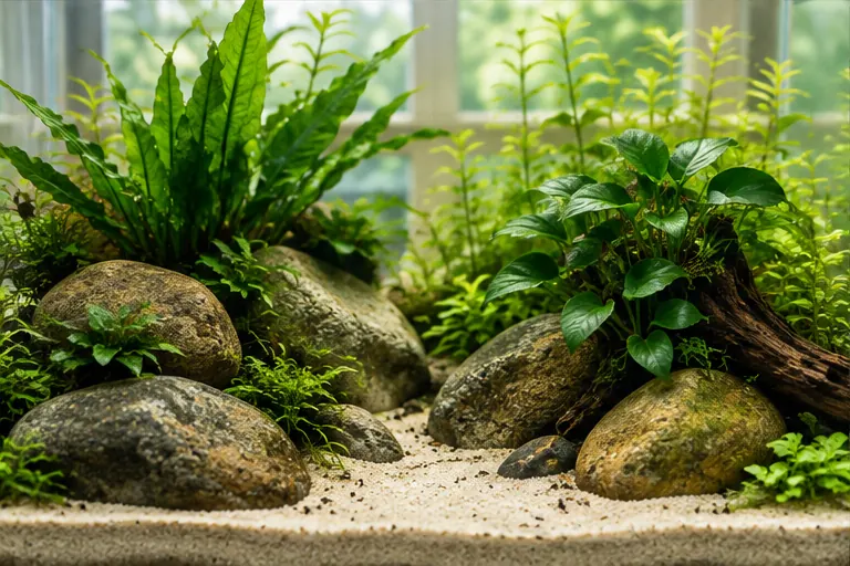 Low-tech planted aquarium with rounded stones, pale sand, ferns, and broad-leaved Anubias-style plants